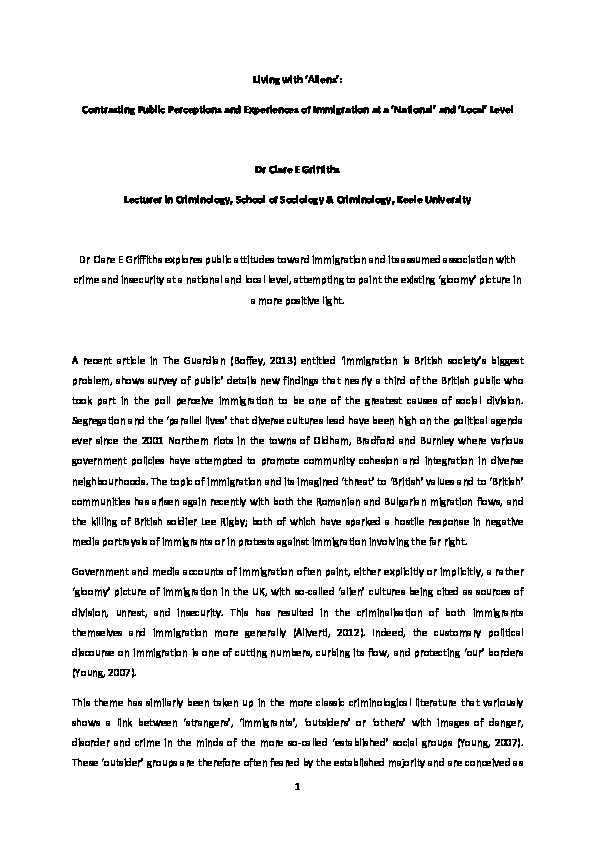 Living with ‘Aliens’: Contrasting Public Perceptions and Experiences of Immigration at a ‘National’ and ‘Local’ Level Thumbnail