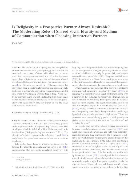 Is religiosity in a prospective partner always desirable?: The moderating roles of shared social identity and medium of communication when choosing interaction partners Thumbnail