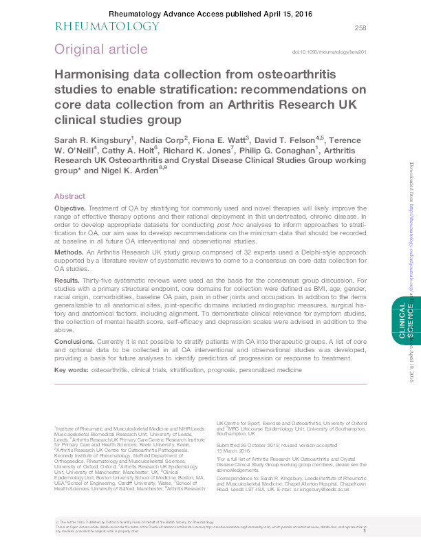 Harmonising data collection from osteoarthritis studies to enable stratification: recommendations on core data collection from an Arthritis Research UK clinical studies group. Thumbnail