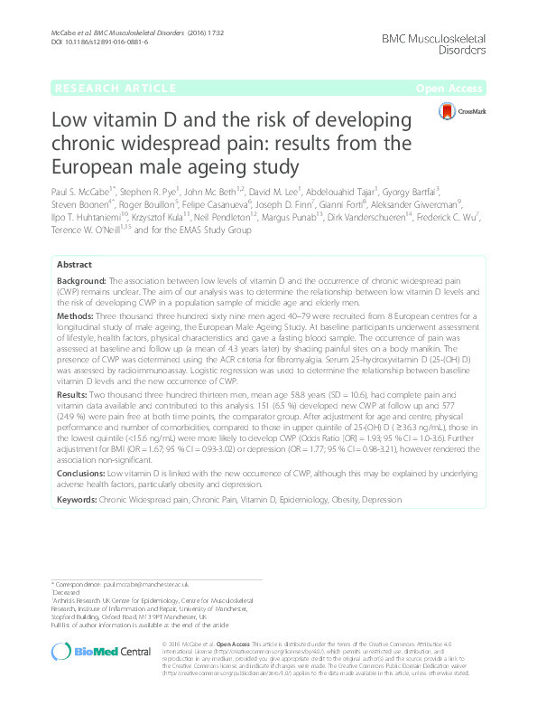 Low vitamin D and the risk of developing chronic widespread pain: results from the European male ageing study Thumbnail