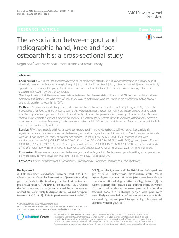 The association between gout and radiographic hand, knee and foot osteoarthritis: a cross-sectional study Thumbnail