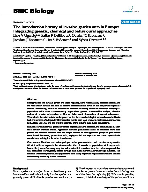 The introduction history of invasive garden ants in Europe: integrating genetic, chemical and behavioural approaches Thumbnail