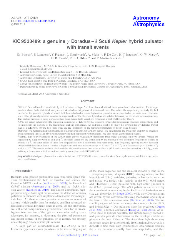 KIC 9533489: a genuine gamma Doradus - delta Scuti Kepler hybrid pulsator with transit events Thumbnail