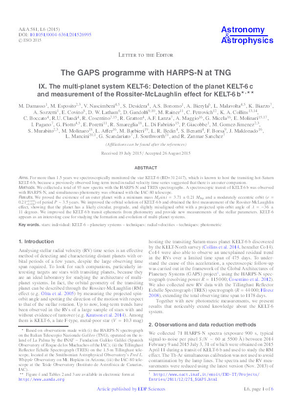 The GAPS programme with HARPS-N at TNG IX. The multi-planet system KELT-6: Detection of the planet KELT-6 c and measurement of the Rossiter-McLaughlin effect for KELT-6 b Thumbnail