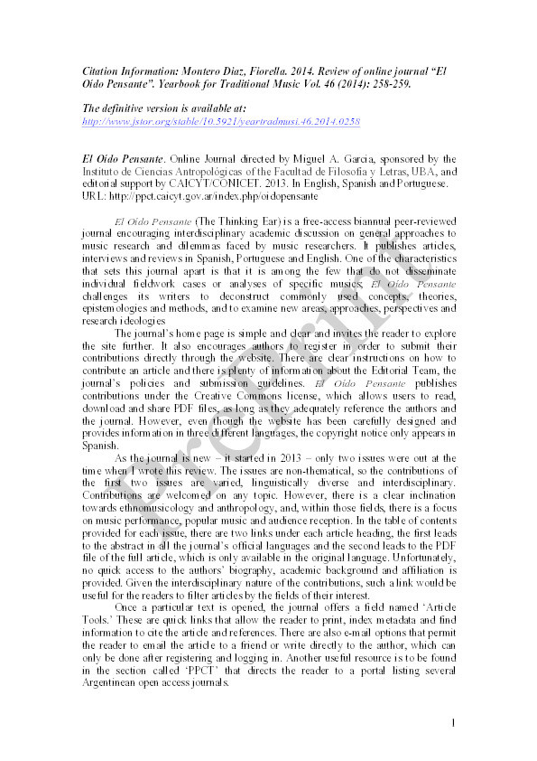 Review of online journal “El Oído Pensante”. Thumbnail