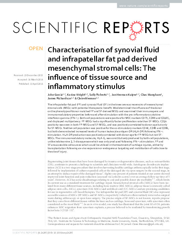 Characterisation of synovial fluid and infrapatellar fat pad derived mesenchymal stromal cells: The influence of tissue source and inflammatory stimulus. Thumbnail