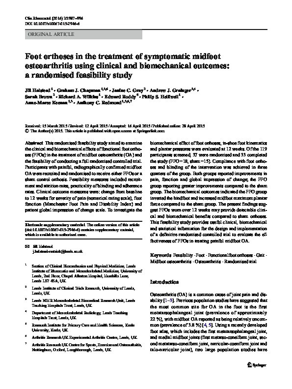 Foot orthoses in the treatment of symptomatic midfoot osteoarthritis using clinical and biomechanical outcomes: a randomised feasibility study. Thumbnail