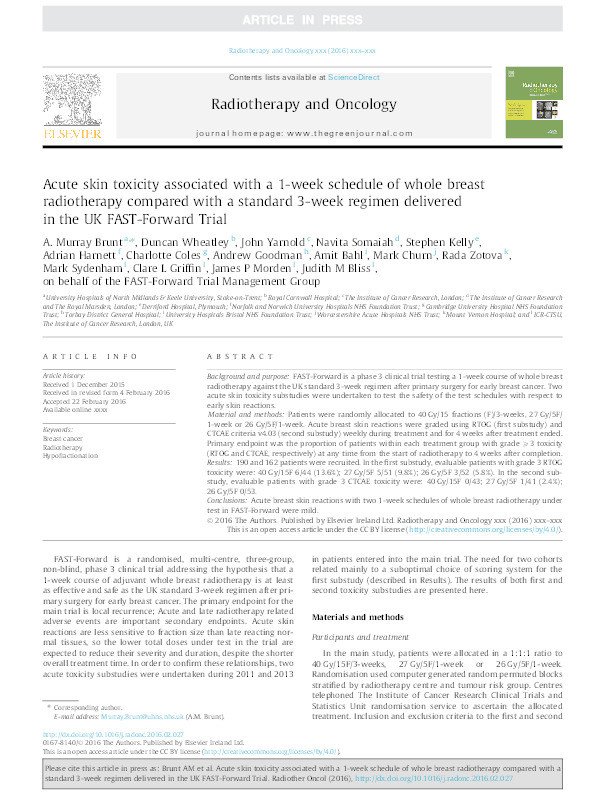Acute skin toxicity associated with a 1-week schedule of whole breast radiotherapy compared with a standard 3-week regimen delivered in the UK FAST-Forward Trial Thumbnail