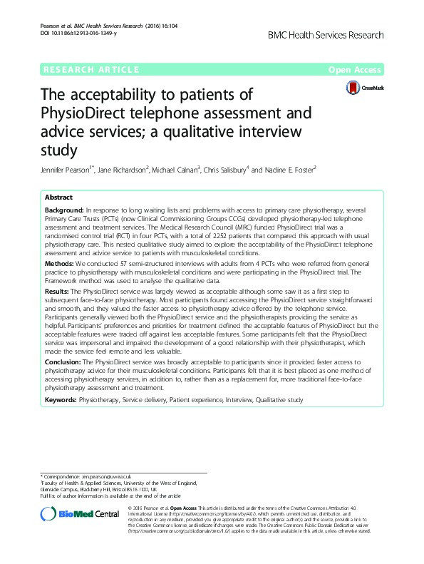 The acceptability to patients of PhysioDirect telephone assessment and advice services; a qualitative interview study Thumbnail