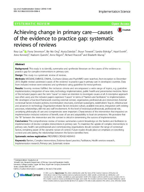 Achieving change in primary care-causes of the evidence to practice gap: systematic reviews of reviews Thumbnail
