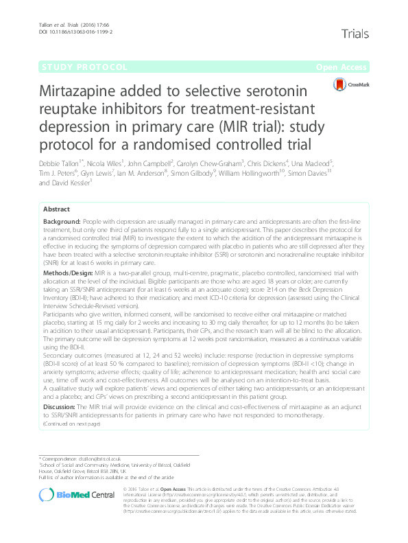 Mirtazapine added to selective serotonin reuptake inhibitors for treatment-resistant depression in primary care (MIR trial): study protocol for a randomised controlled trial Thumbnail