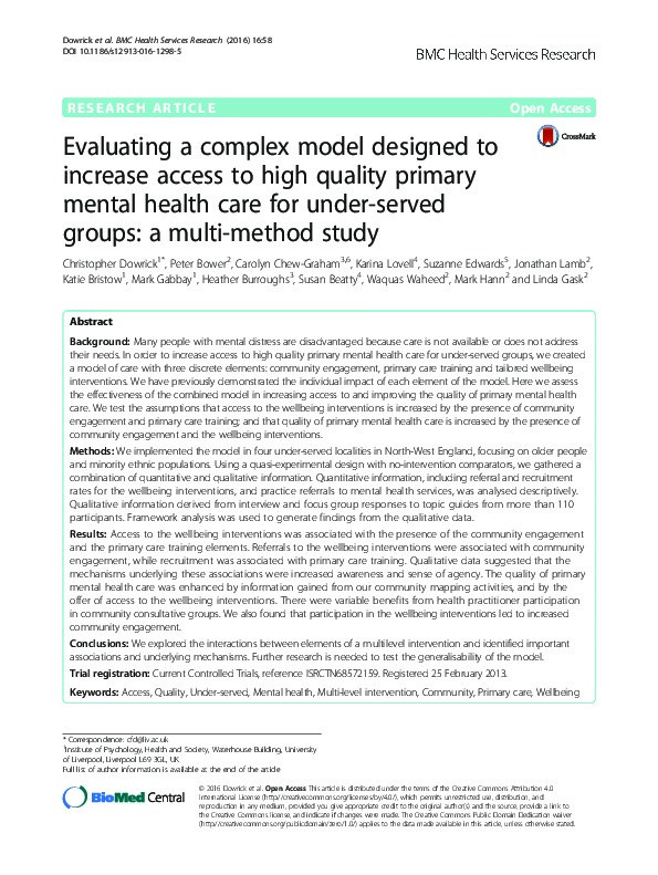 Evaluating a complex model designed to increase access to high quality primary mental health care for under-served groups: a multi-method study. Thumbnail