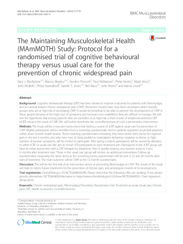 The Maintaining Musculoskeletal Health (MAmMOTH) Study: Protocol for a randomised trial of cognitive behavioural therapy versus usual care for the prevention of chronic widespread pain Thumbnail