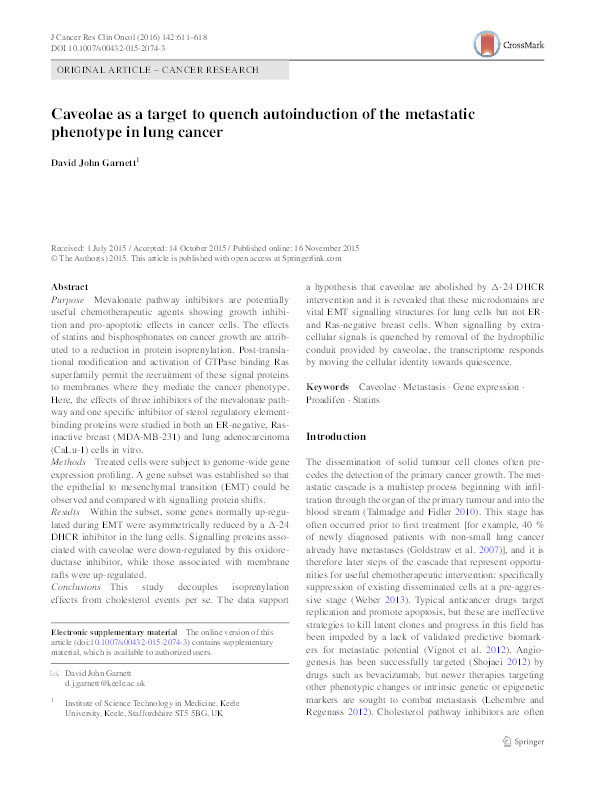 Caveolae as a target to quench autoinduction of the metastatic phenotype in lung cancer Thumbnail