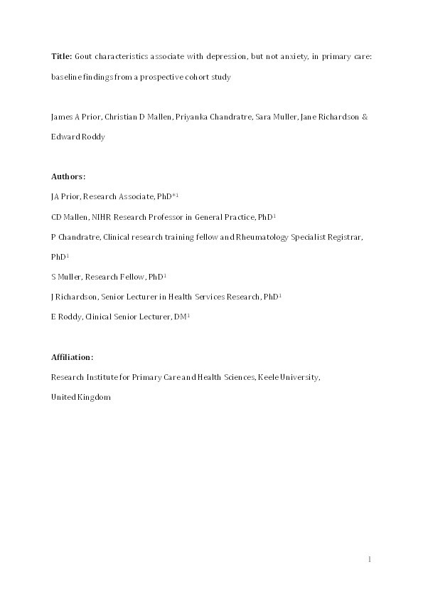 Gout characteristics associate with depression, but not anxiety, in primary care: Baseline findings from a prospective cohort study Thumbnail