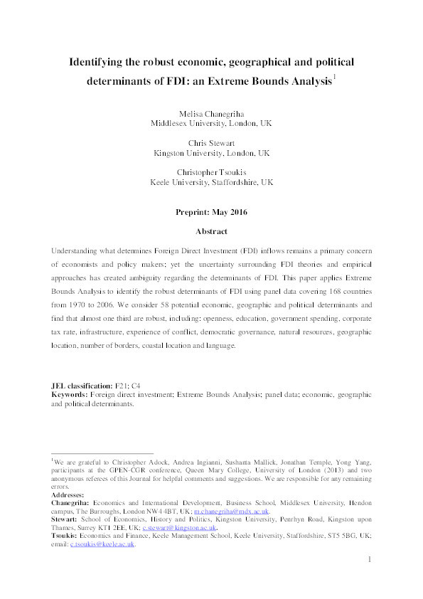 Identifying the robust economic, geographical and political determinants of FDI: an Extreme Bounds Analysis Thumbnail