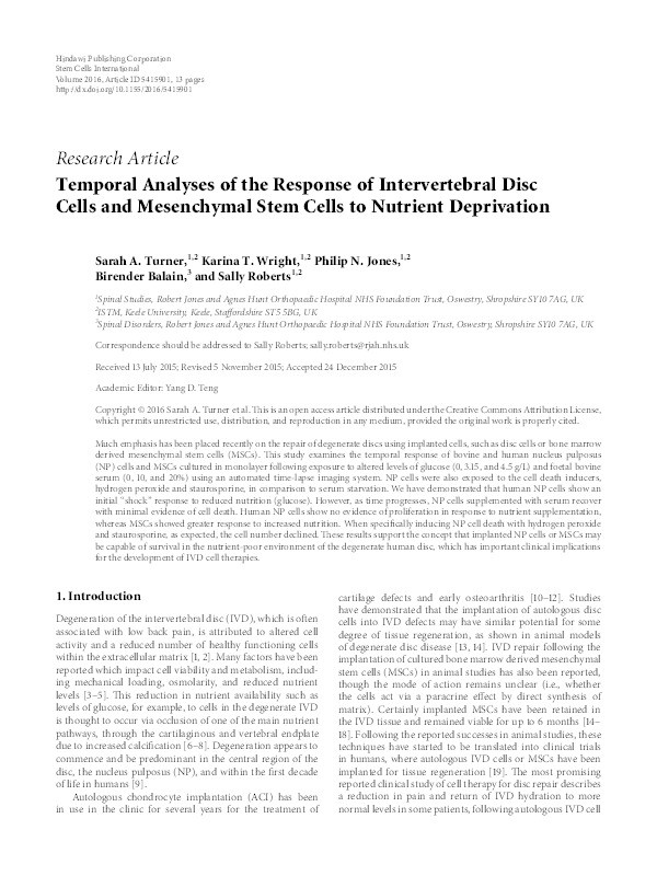 Temporal Analyses of the Response of Intervertebral Disc Cells and Mesenchymal Stem Cells to Nutrient Deprivation Thumbnail