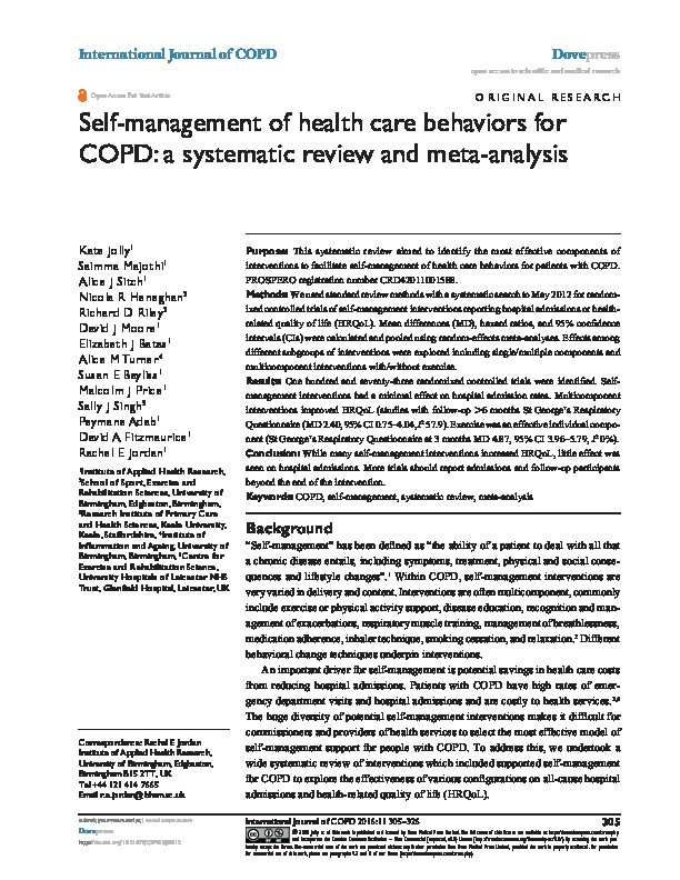 Self-management of health care behaviors for COPD: a systematic review and meta-analysis Thumbnail