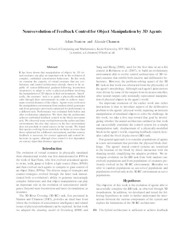 Neuroevolution of Feedback Control for Object Manipulation by 3D Agents Thumbnail