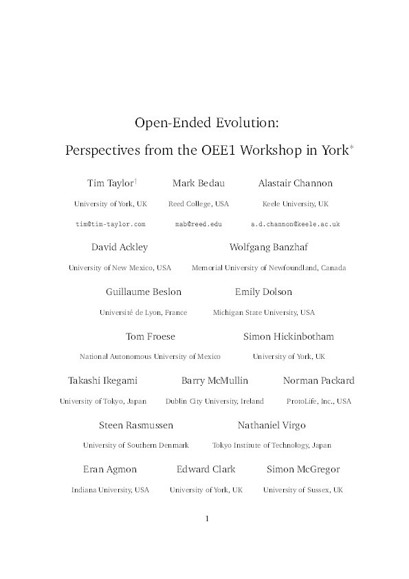 Open-Ended Evolution: Perspectives from the OEE1 Workshop in York Thumbnail