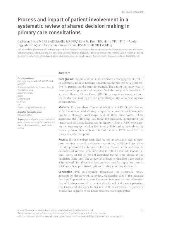 Process and impact of patient involvement in a systematic review of shared decision making in primary care consultations Thumbnail