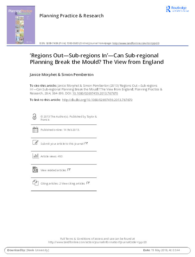 Regions Out—Sub-regions In’—Can Sub-regional Planning Break the Mould? The View from England Thumbnail