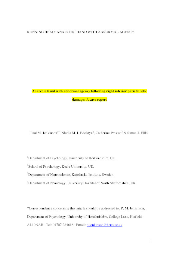 Anarchic hand with abnormal agency following right inferior parietal lobe damage: a case report Thumbnail