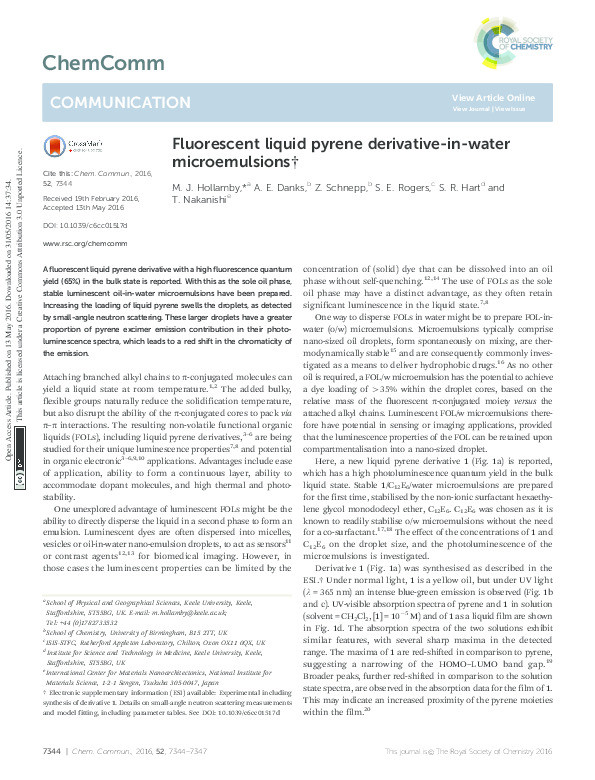 Flourescent liquid pyrene derivative-in-water mircoemulsions Thumbnail
