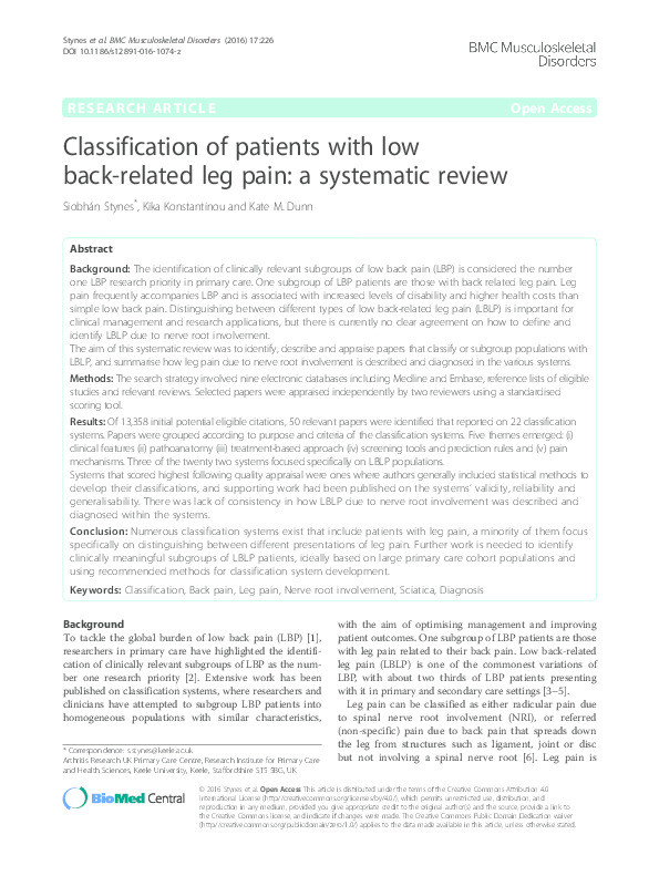 Classification of patients with low back-related leg pain: a systematic review Thumbnail