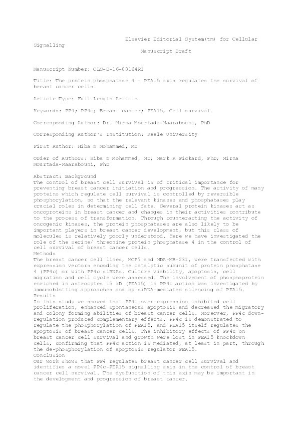 The protein phosphatase 4 - PEA15 axis regulates the survival of breast cancer cells Thumbnail