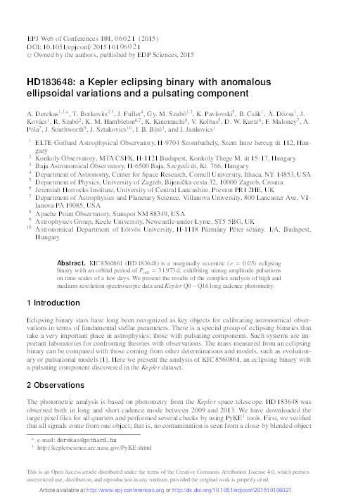 HD183648: a Kepler eclipsing binary with anomalous ellipsoidal variations and a pulsating component Thumbnail