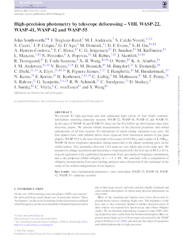 High-precision photometry by telescope defocussing - VIII. WASP-22, WASP-41, WASP-42 and WASP-55 Thumbnail