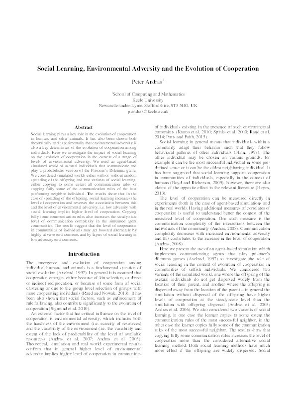 Social Learning, Environmental Adversity and the Evolution of Cooperation Thumbnail