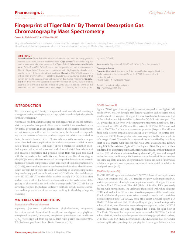 Fingerprint of Tiger Balm® By Thermal Desorption Gas Chromatography Mass Spectrometry Thumbnail
