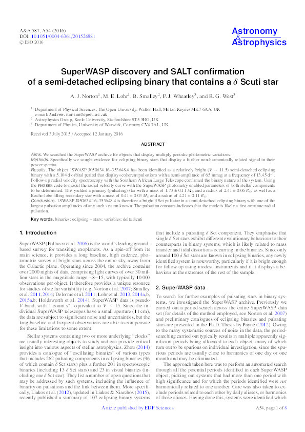 SuperWASP discovery and SALT confirmation of a semi-detached eclipsing binary that contains a delta Scuti star Thumbnail