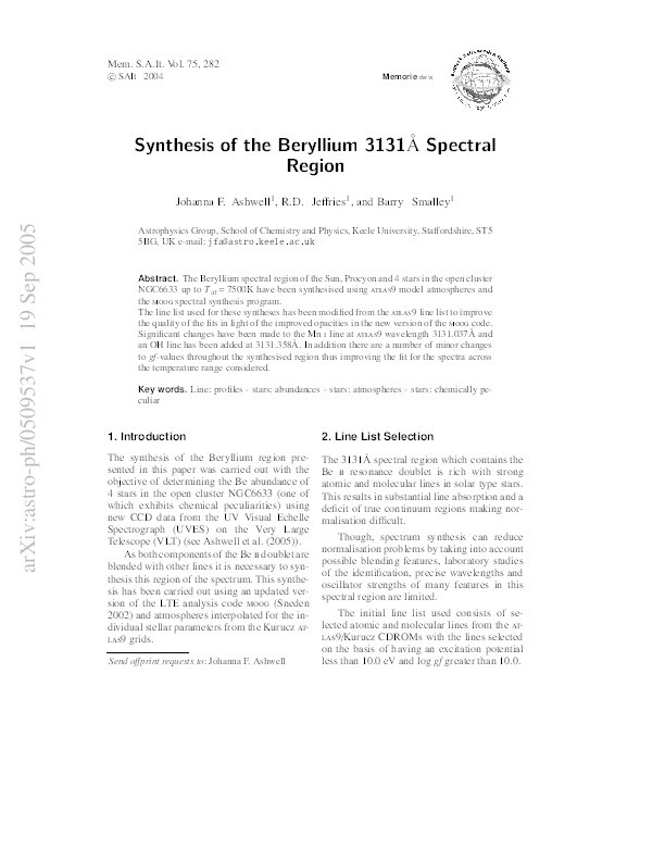 Synthesis of the Beryllium 3131A Spectral Region Thumbnail