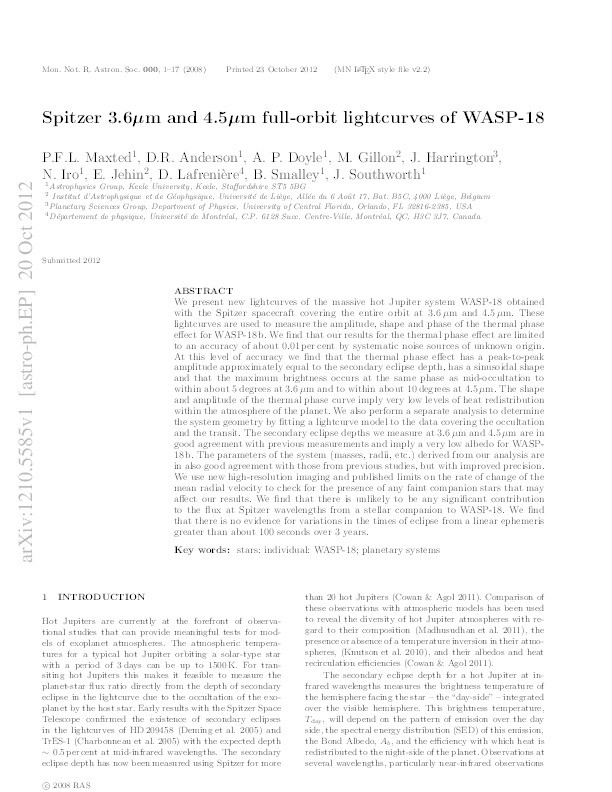 Spitzer 3.6 and 4.5 mu m full-orbit light curves of WASP-18 Thumbnail