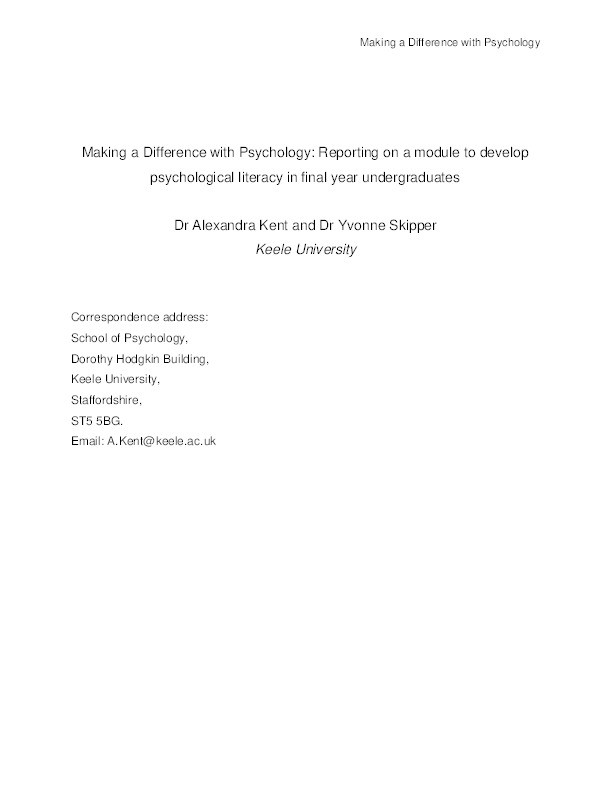 Making a difference with psychology: reporting on a module to develop psychological literacy in final year undergraduates Thumbnail