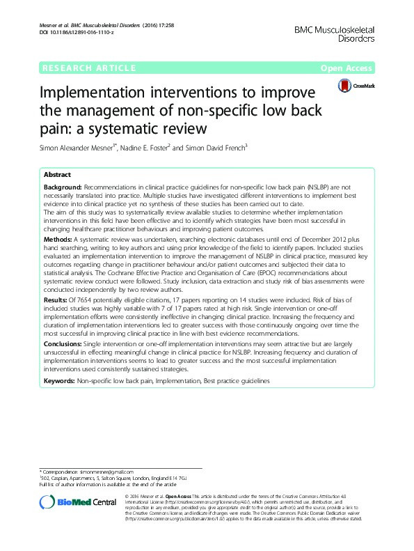 Implementation interventions to improve the management of non-specific low back pain: a systematic review. Thumbnail