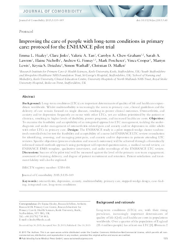 Improving the care of people with long-term conditions in primary care: protocol for the ENHANCE pilot trial Thumbnail