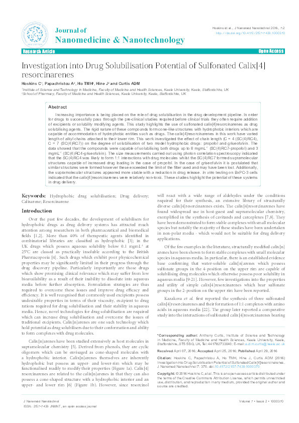 Investigation into drug solubilisation potential of sulfonated calix[4]resorcinarenes Thumbnail