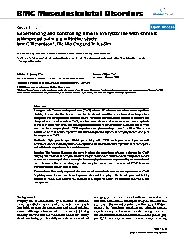 Experiencing and controlling time in everyday life with chronic widespread pain: a qualitative study Thumbnail