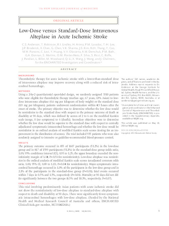 Low-Dose versus Standard-Dose Intravenous Alteplase in Acute Ischemic Stroke Thumbnail
