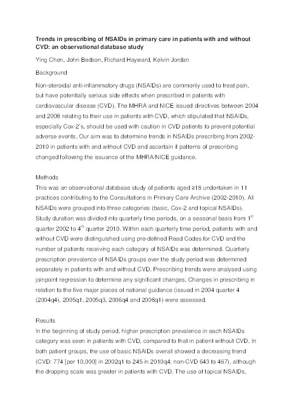 Trends in Prescribing of Non-Steroidal Anti-Inflammatory Drugs in Primary Care in Patients with and without Cardiovascular Disease: An Observational Database Study Thumbnail