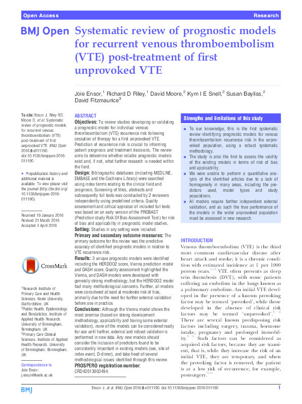 Systematic review of prognostic models for recurrent venous thromboembolism (VTE) post-treatment of first unprovoked VTE. Thumbnail