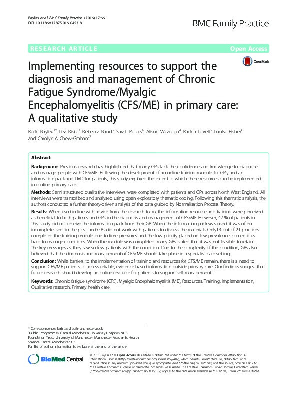 Implementing resources to support the diagnosis and management of Chronic Fatigue Syndrome/Myalgic Encephalomyelitis (CFS/ME) in primary care: A qualitative study. Thumbnail