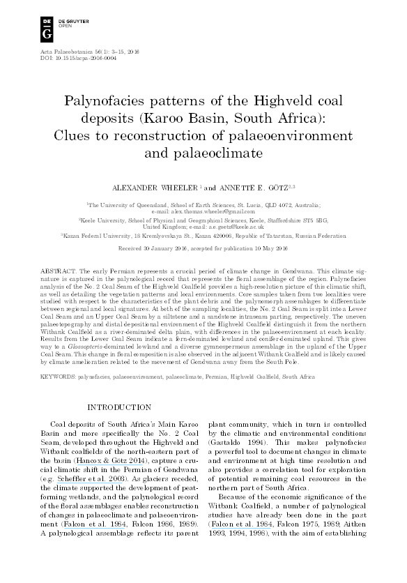 Palynofacies patterns of the Highveld coal deposits (Karoo Basin, South Africa): Clues to reconstruction of palaeoenvironment and palaeoclimate Thumbnail