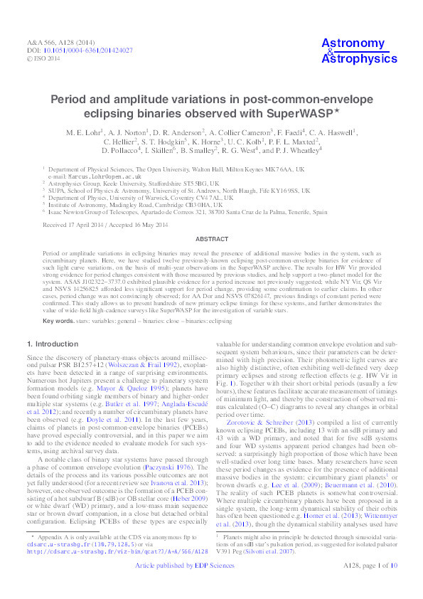 Period and amplitude variations in post-common-envelope eclipsing binaries observed with SuperWASP Thumbnail