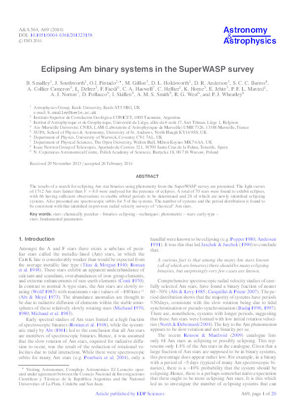Eclipsing Am binary systems in the SuperWASP survey Thumbnail