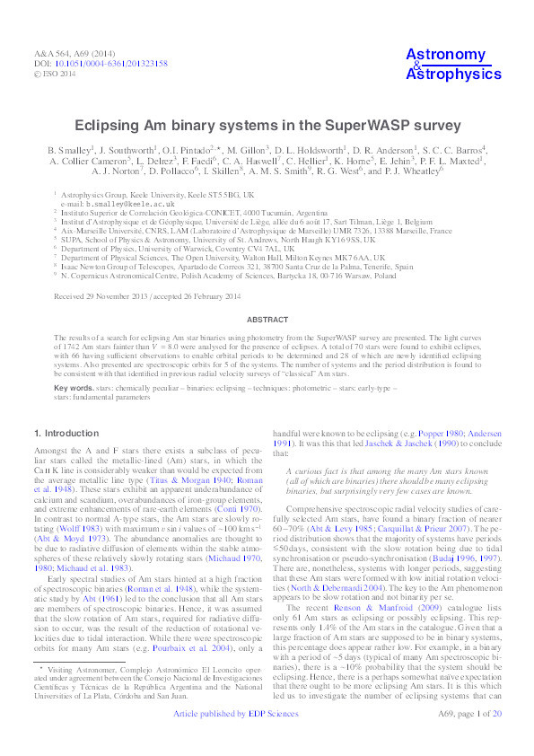 Eclipsing Am binary systems in the SuperWASP survey Thumbnail